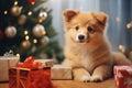 cute puppy - Christmas season - Xmas decoration - Christmas presents gifts around the brown puppy