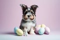 Cute puppy with coloerful easter eggs on pink background Royalty Free Stock Photo