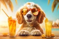 Cute puppy dog with a drink on the beach, summer concept. Generative AI