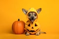 Cute puppy dog in Halloween dressed costume with pumpkin