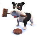 Cute puppy dog hound playing with an auctioneers gavel in 3d