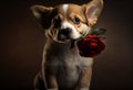 Cute puppy dog with red roses. Valentines celebration. Generative ai