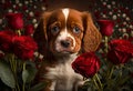 Cute puppy dog with red roses. Valentines celebration. Generative ai