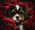 Cute puppy dog with red roses. Valentines celebration. Generative ai