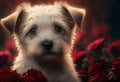 Cute puppy dog with red roses. Valentines celebration. Generative ai