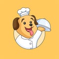 Cute puppy dog restaurant chef holding covered food tray animal mascot cartoon illustration