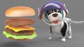 Cute puppy dog in space suit looks hungrily at giant cheese burger, 3d illustration