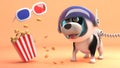 Cute puppy dog in spacesuit on alien planet looks at 3d glasses and popcorn, 3d illustration