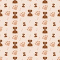 Cute Puppy Dog Surrounded By Paw Prints In Brown Seamless Pattern