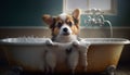 Cute puppy dog taking bubble bath in tub