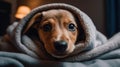 A cute puppy with floppy ears and big brown eyes snuggled up in a cozy bed created with Generative AI Royalty Free Stock Photo