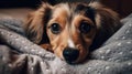 A cute puppy with floppy ears and big brown eyes snuggled up in a cozy bed created with Generative AI Royalty Free Stock Photo