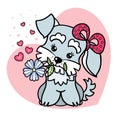 Cute puppy with flower and bow. Vector