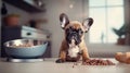 cute puppy French bulldog eating dry dog food from bowl on kitchen looking at camera with copy space Royalty Free Stock Photo