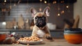 cute puppy French bulldog eating dry dog food from bowl on kitchen looking at camera with copy space Royalty Free Stock Photo