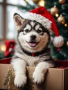 Cute puppy husky wearing Santa Claus red hat sits in the gift box. Merry Christmas and Happy New Year decoration