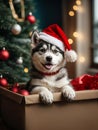 Cute puppy husky wearing Santa Claus red hat sits in the gift box. Merry Christmas and Happy New Year decoration