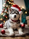 Cute puppy husky wearing Santa Claus red hat under the Christmas tree