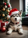Cute puppy husky wearing Santa Claus red hat under the Christmas tree