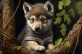 Cute puppy of husky on a wooden background with green leaves