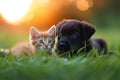 Cute puppy and kitten are playing together on green grass on sunset, banner Royalty Free Stock Photo