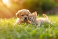 Cute puppy and kitten are playing together on green grass on sunset, banner Royalty Free Stock Photo