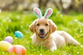 Cute puppy Labrador with Easter bunny ears and colorful eggs on green grass Royalty Free Stock Photo