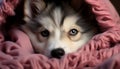 Cute puppy looking at camera, fluffy fur, playful and adorable generated by AI