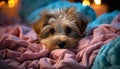 Cute puppy lying on bed, looking at camera with charm generated by AI Royalty Free Stock Photo