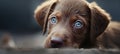 A cute puppy making a puzzled, puzzled, suspicious face, puppy sitting absent-minded