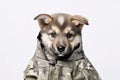 Cute puppy in a military jacket isolated on a white background. Generative AI.