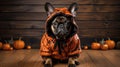 Cute puppy in orange Halloween costume, funny pet with pumpkins