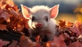 Cute puppy and piglet play in autumn meadow generated by AI