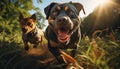 A cute puppy and a playful retriever enjoy nature together generated by AI