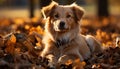 Cute puppy playing in autumn forest, happiness in nature generated by AI