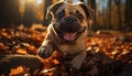 Cute puppy playing in autumn forest, purebred bulldog smiling happily generated by AI