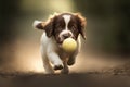 cute puppy playing with ball, chasing and retrieving it over and over again