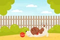 Cute Puppy Playing Ball on Green Lawn Behind Fence Vector Illustration