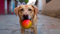 Cute puppy playing with ball, hungry labrador chewing grass generated by AI Royalty Free Stock Photo