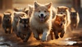 A cute puppy playing with a group of fluffy animals generated by AI