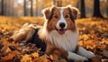 Cute puppy playing outdoors in autumn, happiness in nature generated by AI