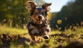Cute puppy playing outdoors, jumping, catching ball, purebred dog generated by AI