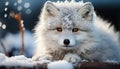 Cute puppy playing in the snow, nature frozen beauty generated by AI