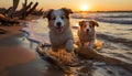 Cute puppy playing in water, enjoying summer sunset outdoors generated by AI Royalty Free Stock Photo