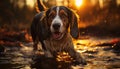 Cute puppy playing in the water, happiness in nature generated by AI