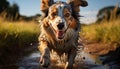 Cute puppy playing in the water, purebred Australian Shepherd generated by AI Royalty Free Stock Photo