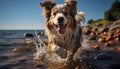 Cute puppy playing in the water, purebred Australian Shepherd jumping generated by AI Royalty Free Stock Photo