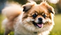 Cute puppy Pomeranian Mixed breed Pekingese dog run on the grass with happiness