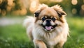 Cute puppy Pomeranian Mixed breed Pekingese dog run on the grass with happiness