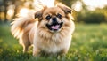 Cute puppy Pomeranian Mixed breed Pekingese dog run on the grass with happiness